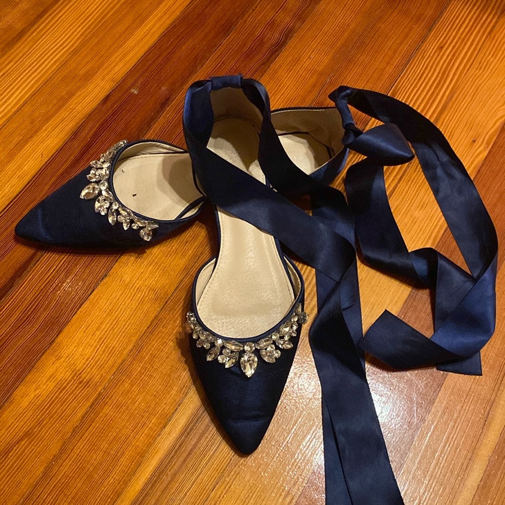 Kailee P. satin navy bridal party flats w/ rhinestones & ribbon ankle ties